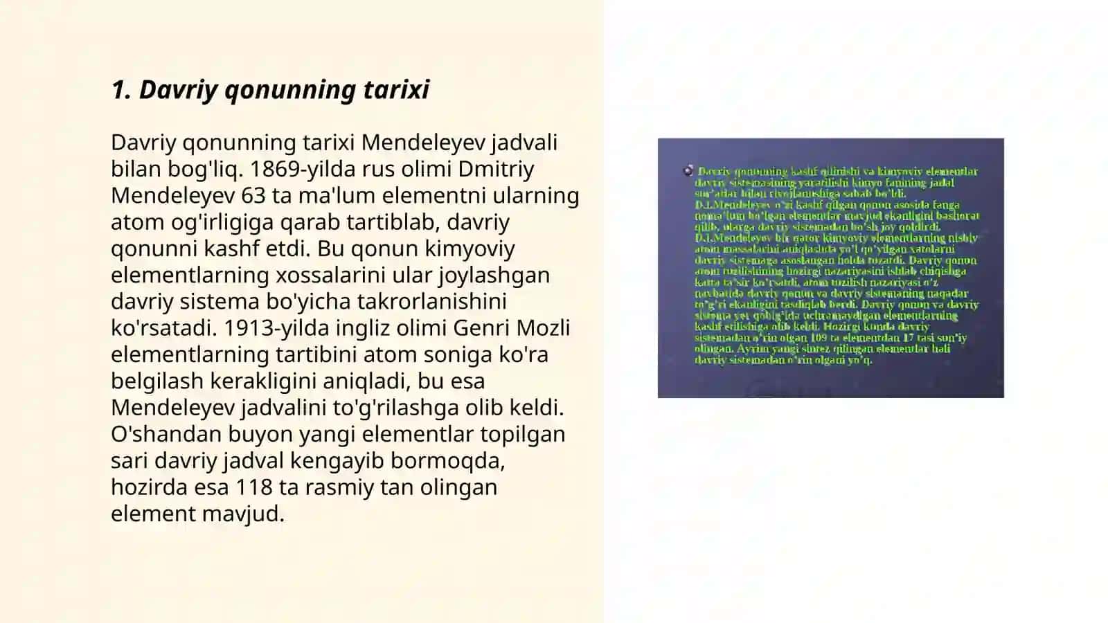 Davriy qonun va davriy sistema, hamda uning ahamiyati. Atomlarning davriy va davriy bo'lmagan xossalari Abdumajitova Mohira 3