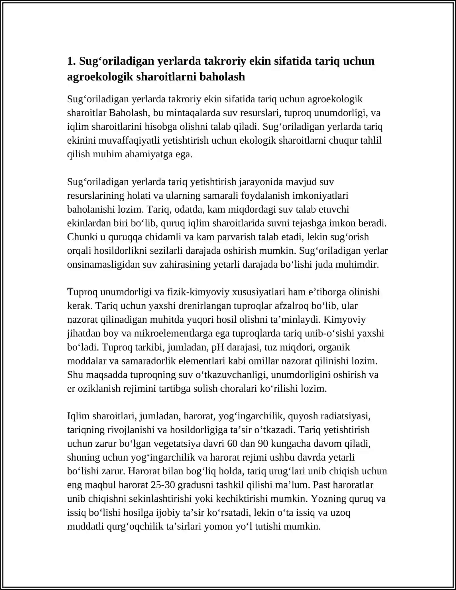 SUG‘ORILADIGAN YERLARDA TAKRORIY EKIN SIFATIDA TARIQ YETISHTIRISH BO‘YICHA TEXNOLOGIK KARTASINI TUZISH 3