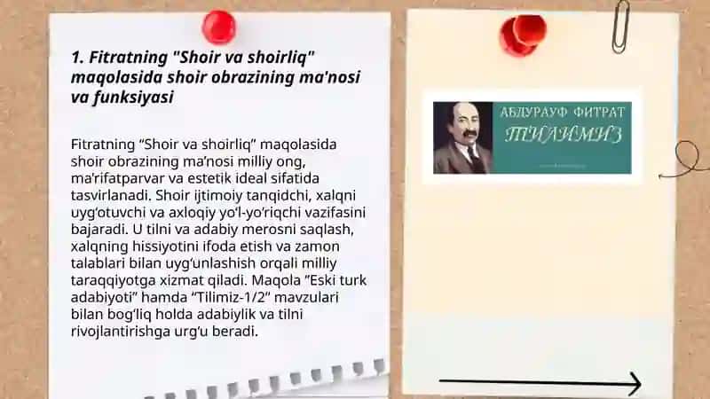 Fitratning “Shoir va shoirliq “Eski turk adabyoti namunalari “ Tilimiz-1”, “Tilimiz -2”, “Tilimizning adabiyligi “ maqolalarni o’qib o’rganish 3