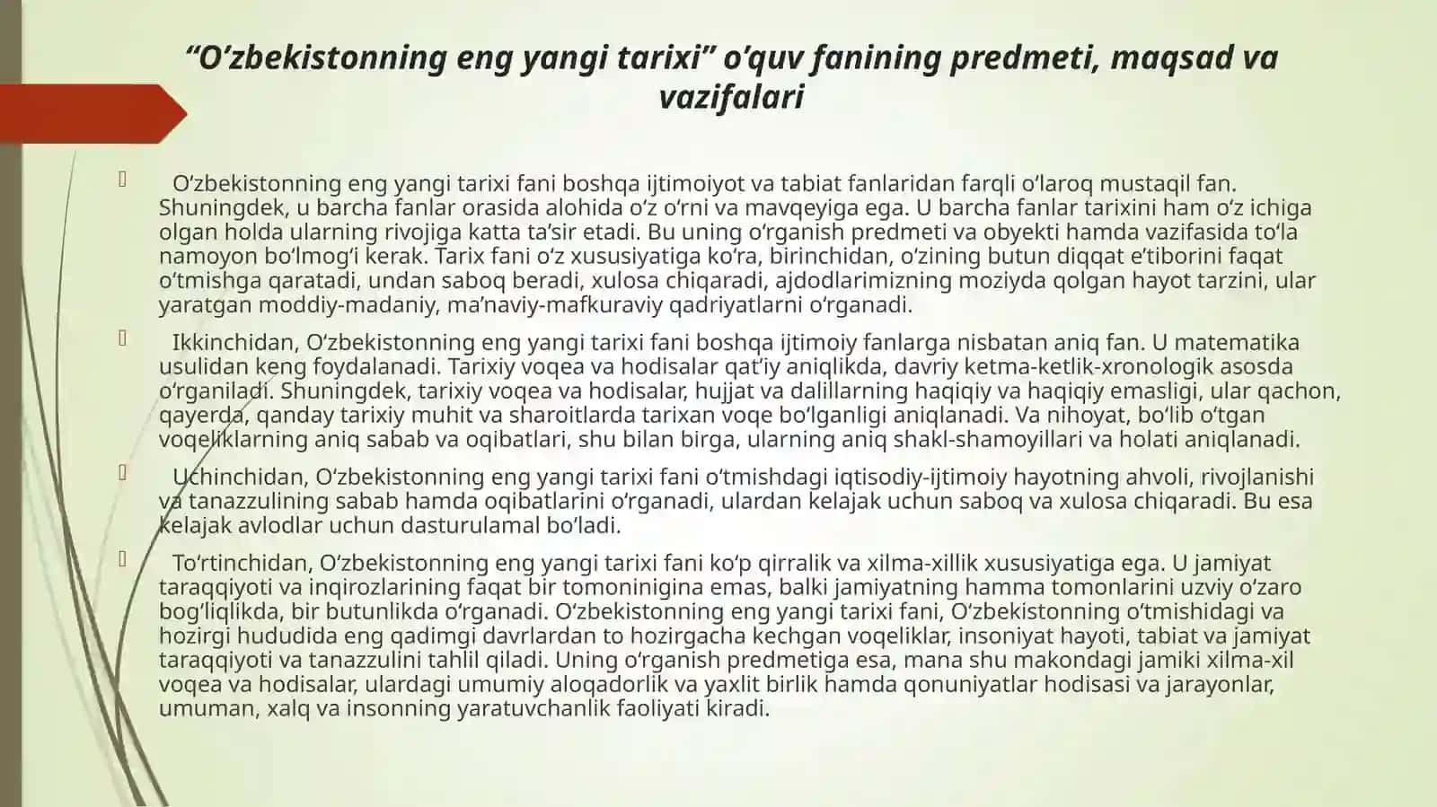 O‘zbekistonning eng yangi tarixi o`quv fanining predmeti maqsadi vazifalari, nazariy metodologik tamoqillari 3