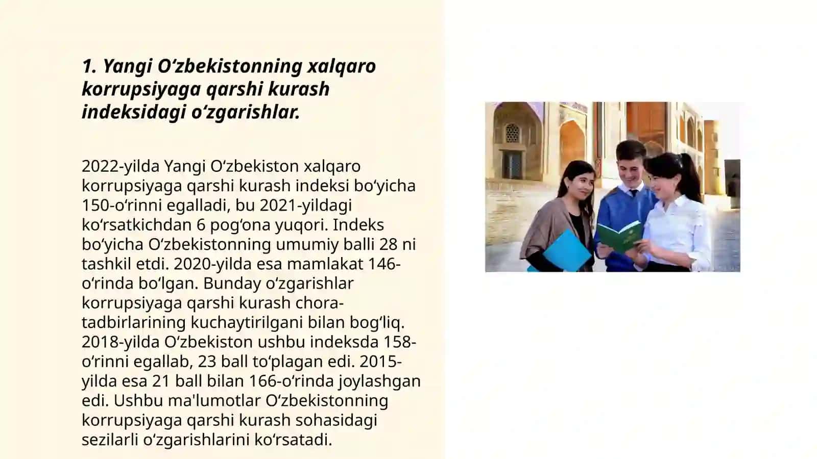 Yangi O‘zbekiston ijtimoiy-siyosiy, iqtisodiy va madaniy hayotida roʻy berayotgan oʻzgarishlarning xalqaro reyting va indekslarda aks etishi 3