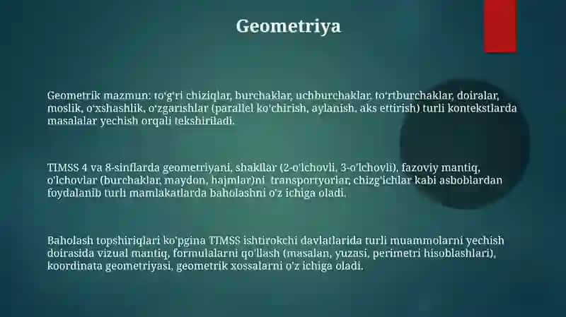 TIMS xalqaro baholash dasturida matimatikaga oid mazmun sohalari 3