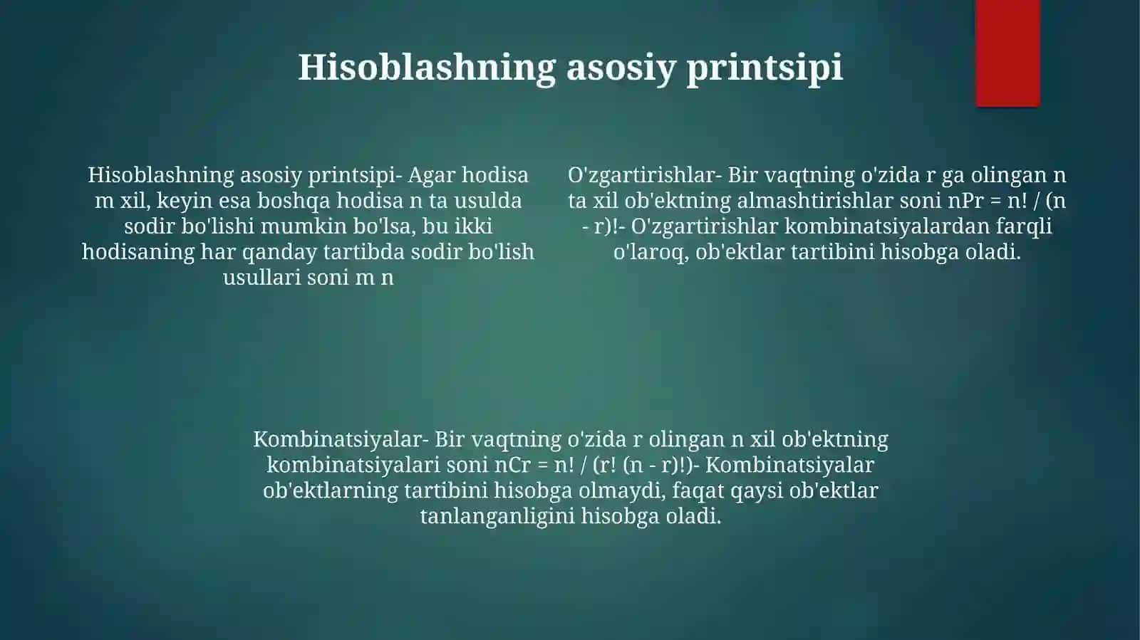 Kombinatorikaning Asosiy Qoidalari.O'Rin Almashtirishlar.O'Rinlashtirishlar Va Guruhlash Qoidalari 3