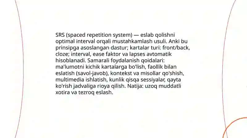 SRS (spaced repetition) va Anki asosidagi takrorlash texnikalari 3