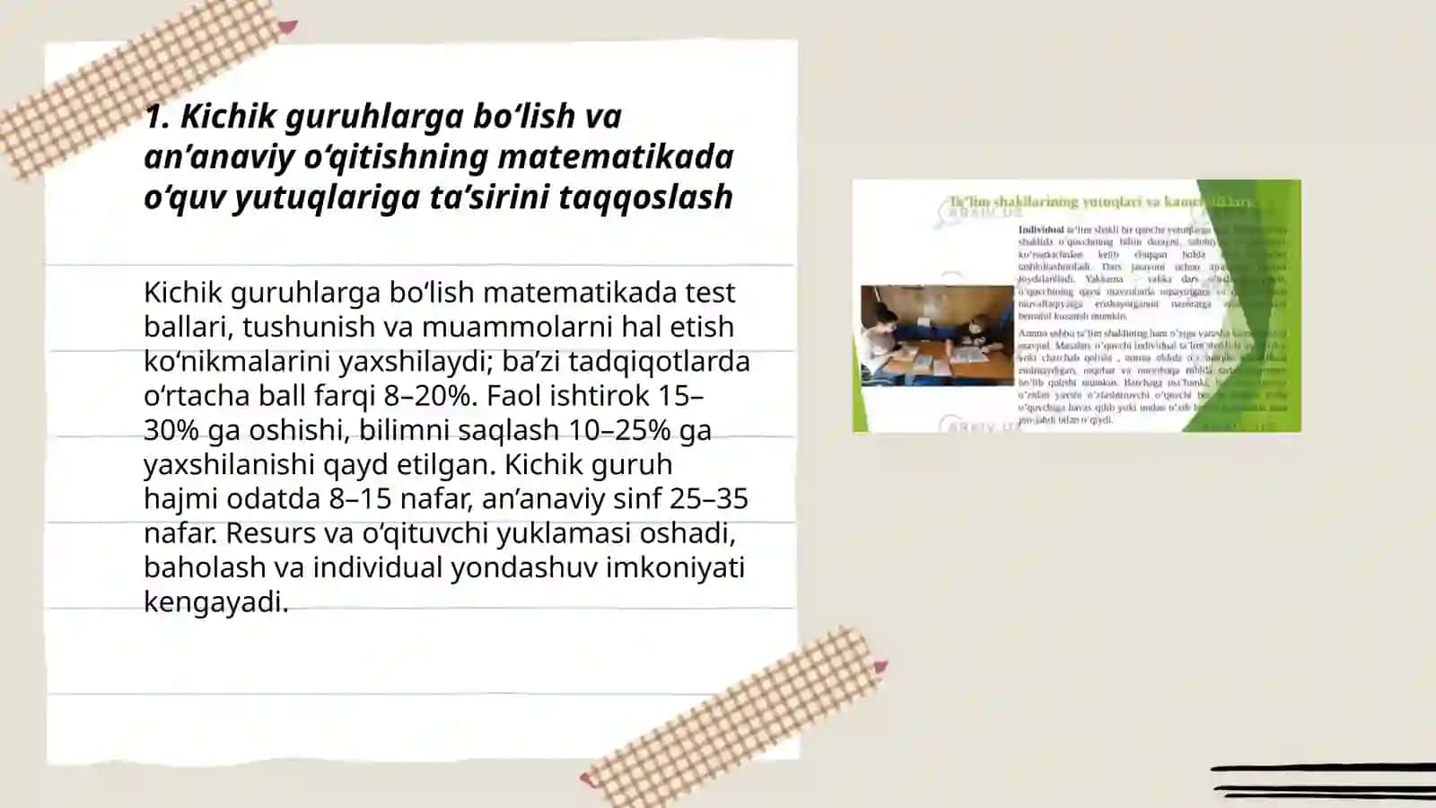 Kichik guruhlarga bo‘lish va an’anaviy o‘qitishning matematikada o‘quv yutuqlariga ta’siri 3