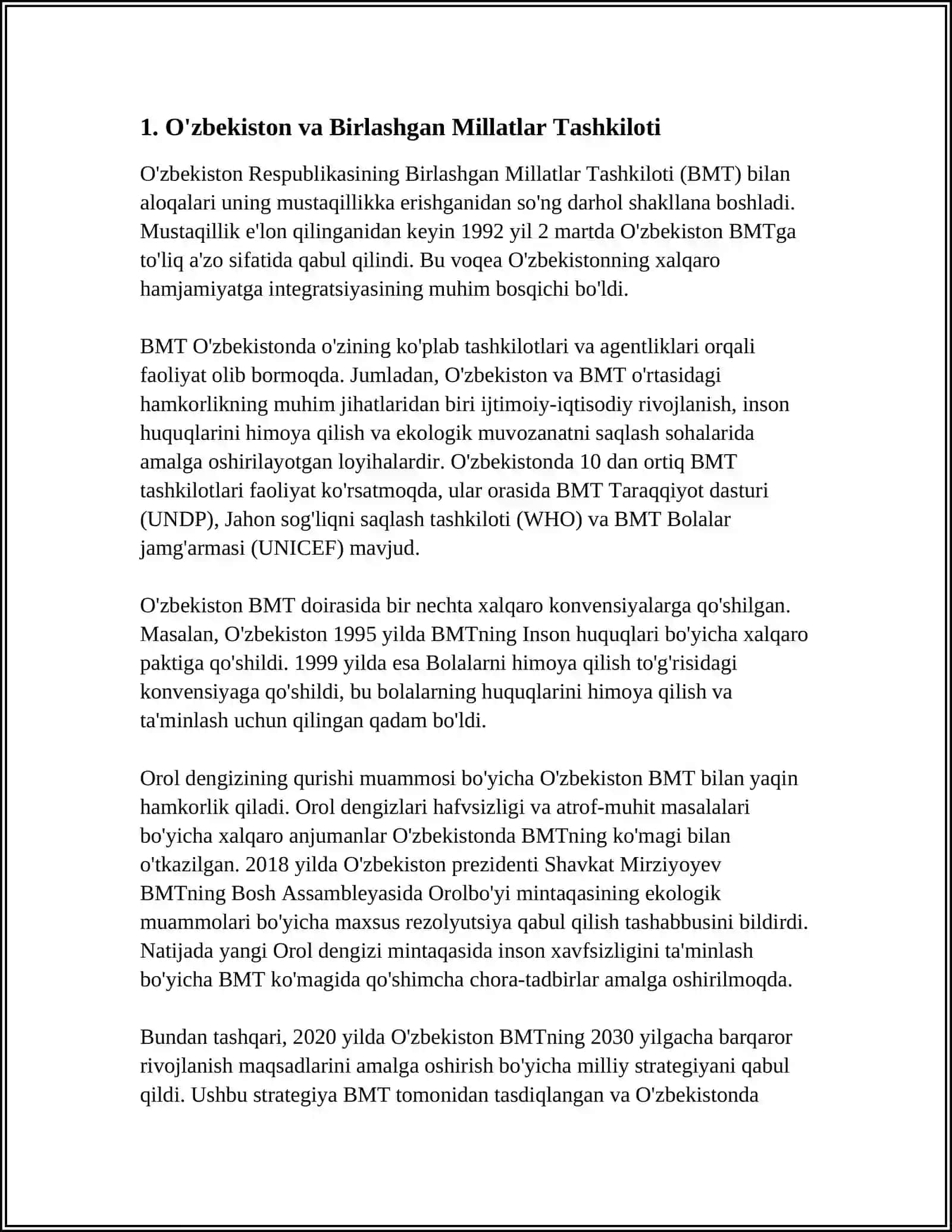 O‘zbekistonning Xalqaro Tashkilotlar Bilan Hamkorlik Aloqalari 3