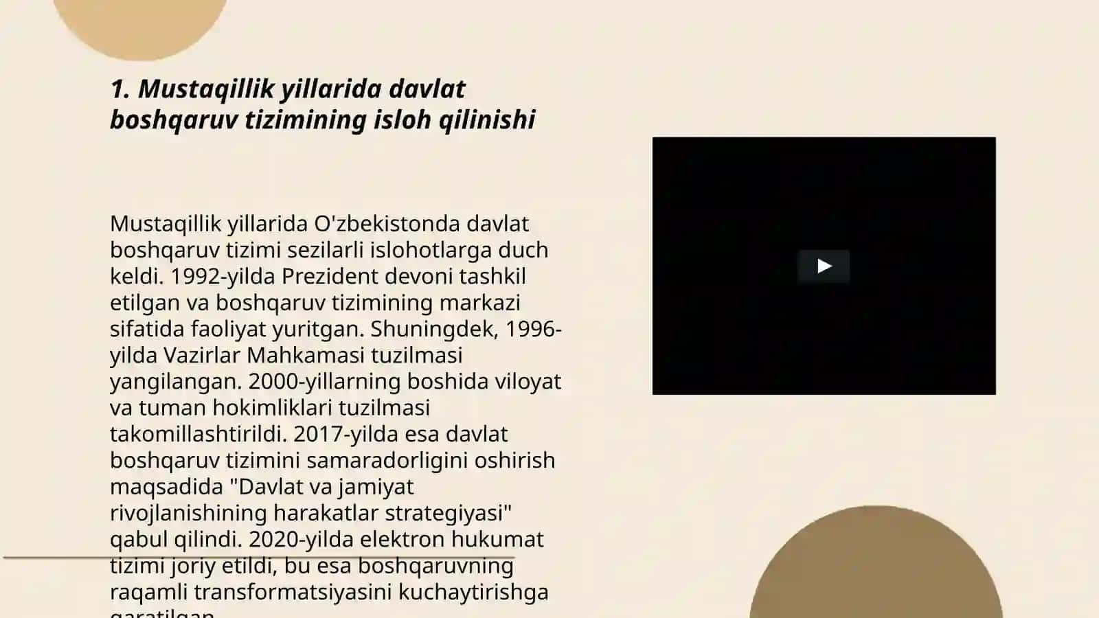 Oʻzbekistonda mustaqillik yillarida davlat boshqaruvi va ijtimoiy sohada amalga o'shiralayotgan o'zgarishlar mazmun va mohiyati 3