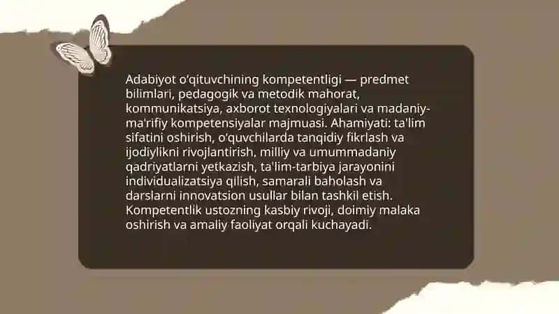 Adabiyot oʻqituvchining kompetentligi va uning turlari.Zamonaviy adabiyot darslari va unga qoʻyiladigan talablar, ularni tashkil etishning shakl va usullari mavzusida taqdimot tayyorla pdf shaklida 3