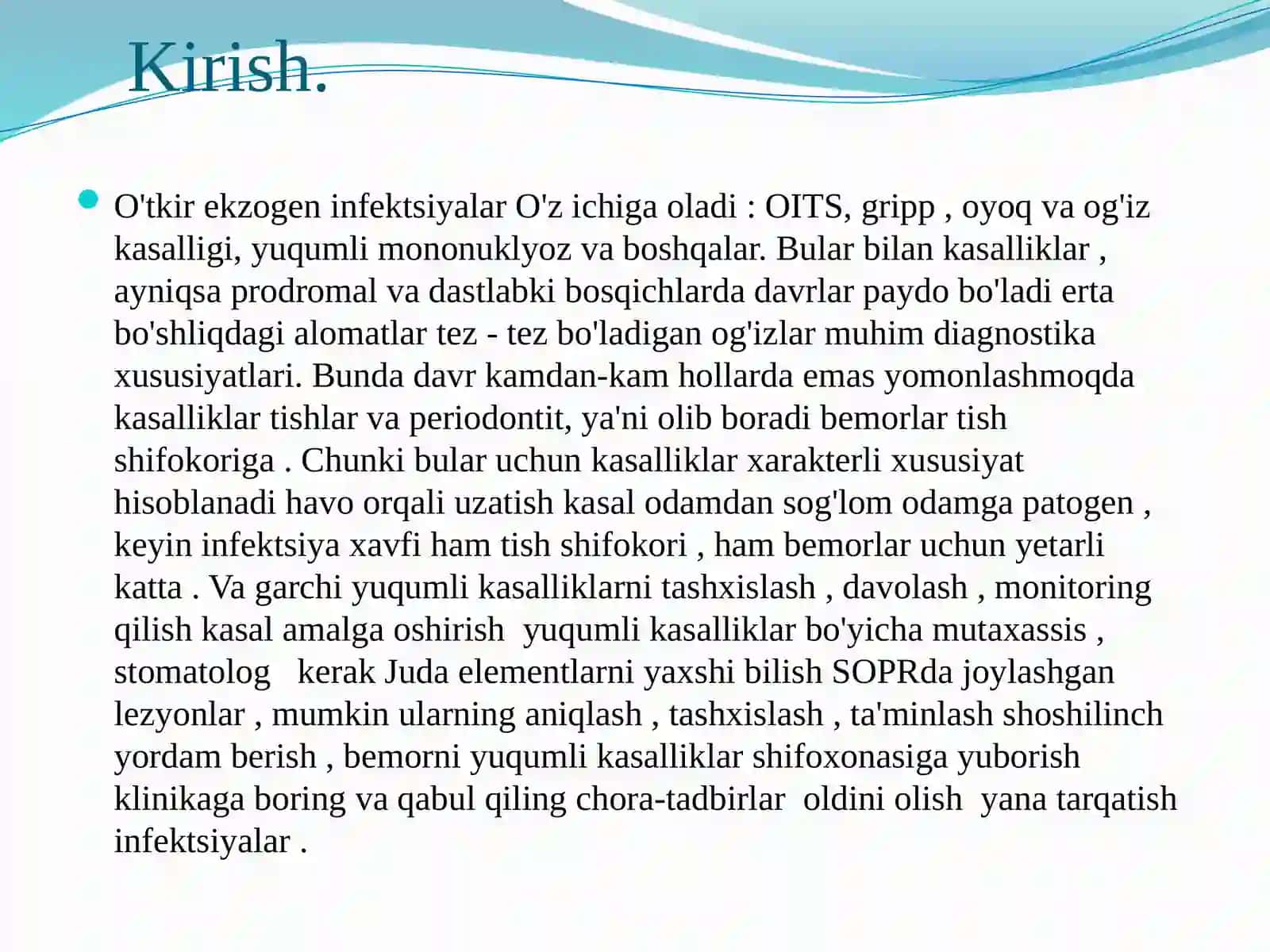 Virus infeksiyalar (Oqsim, So’gal virusi, gripp, qizamiq, mononukleoz) va ularning klinik korinishlari. 3