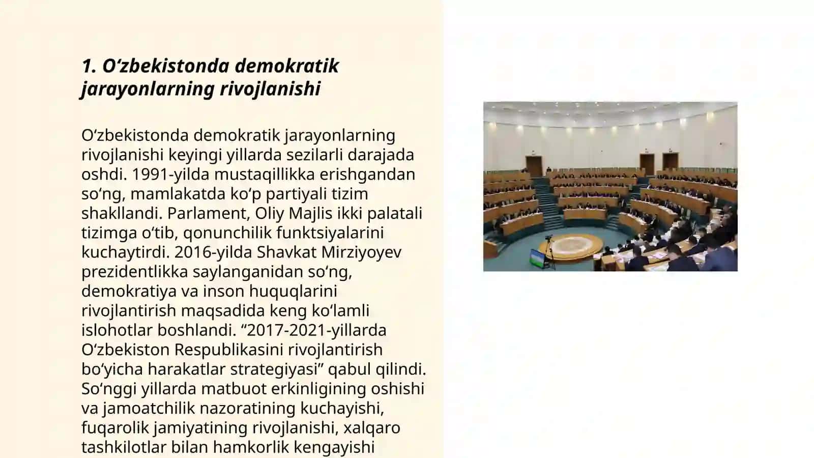 Oʻzbekistonda demokratik fuqarolik jamiyati asoslarining shakllanishi va amalga oshitilgan siyosiy islohotlar 3