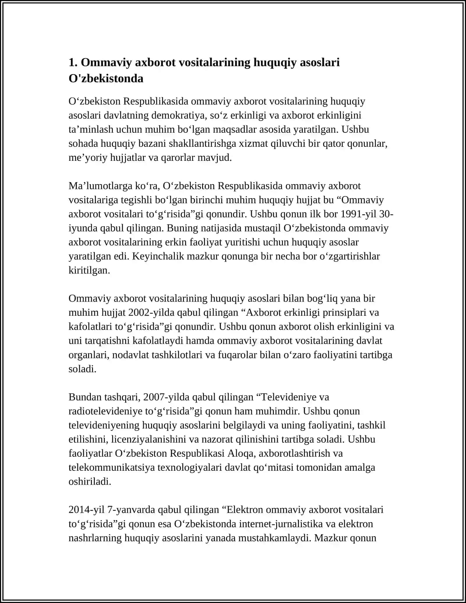 O‘ZBEKISTON RESPUBLIKASIDA OMMAVIY AXBOROT VOSITALARINING FAOLIYATI 3