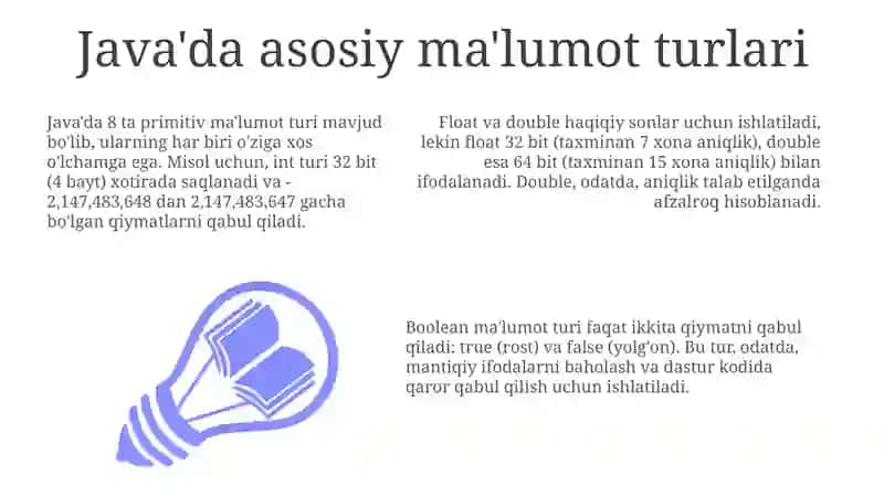 Java tilining asosiy turlari va operatorlar haqida 3