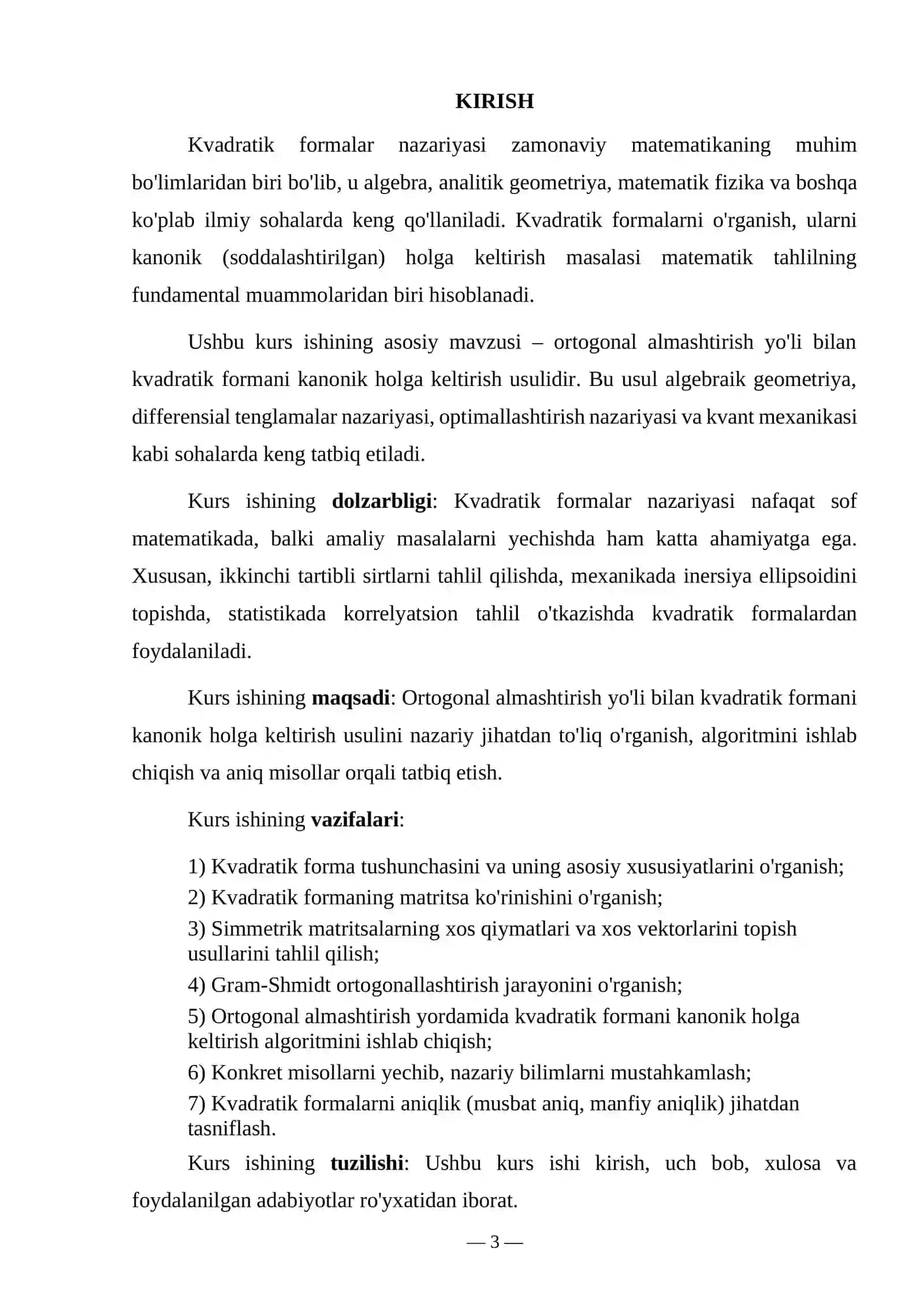 ORTOGONAL ALMASHTIRISH YO'LI BILAN KVADRATIK FORMANI KANONIK HOLGA KELTIRISH 3