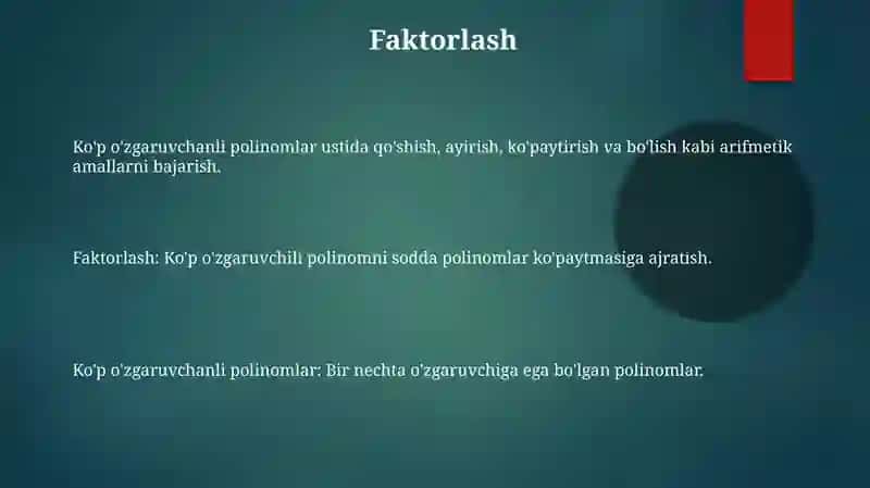 Ko'p o'zgaruvchini ko'phadlar ustida amallar 3
