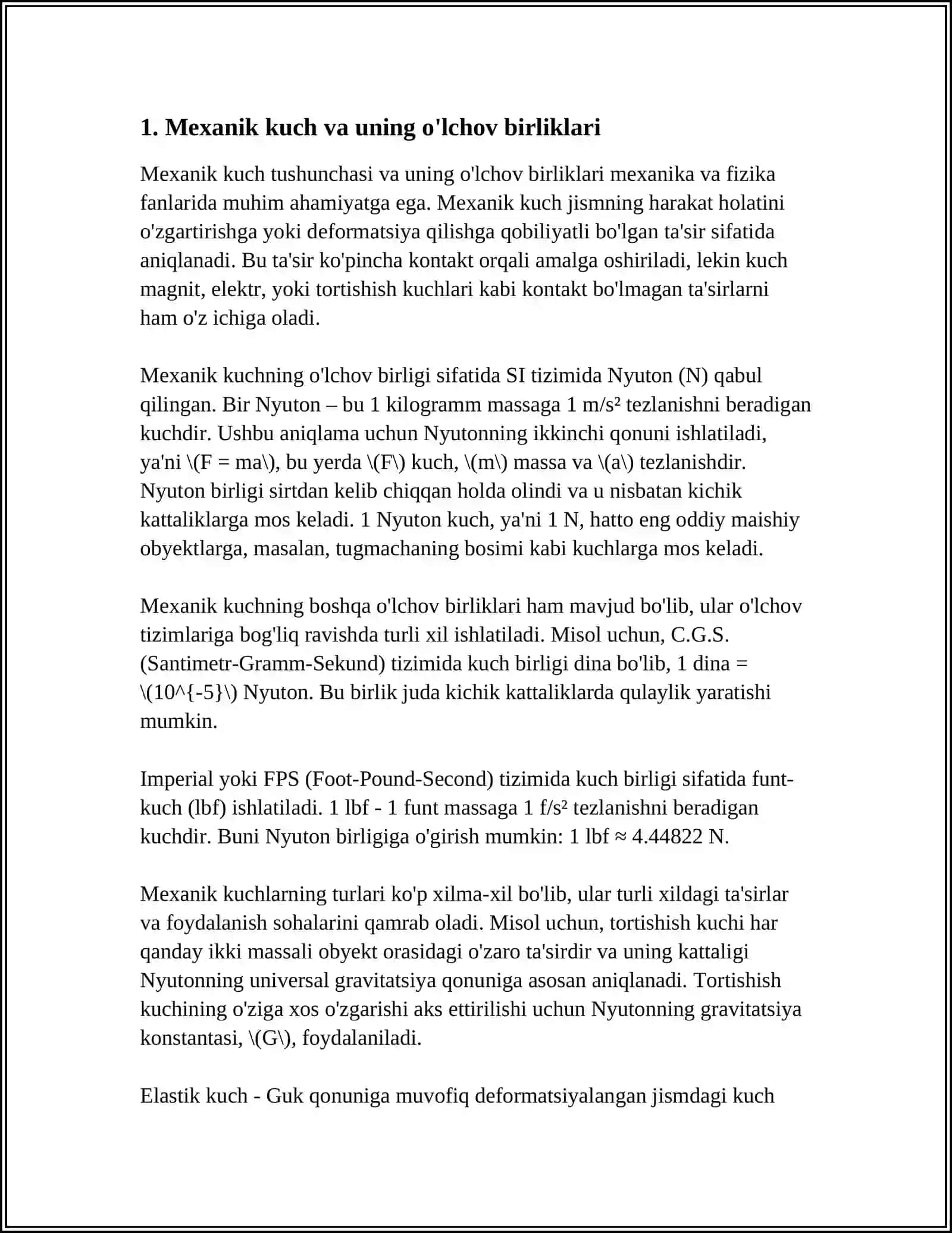 MEXANIKA, FIZIK KATTALIKLAR, ASOSIY VA QO'SHIMCHA BIRLIKLAR 3