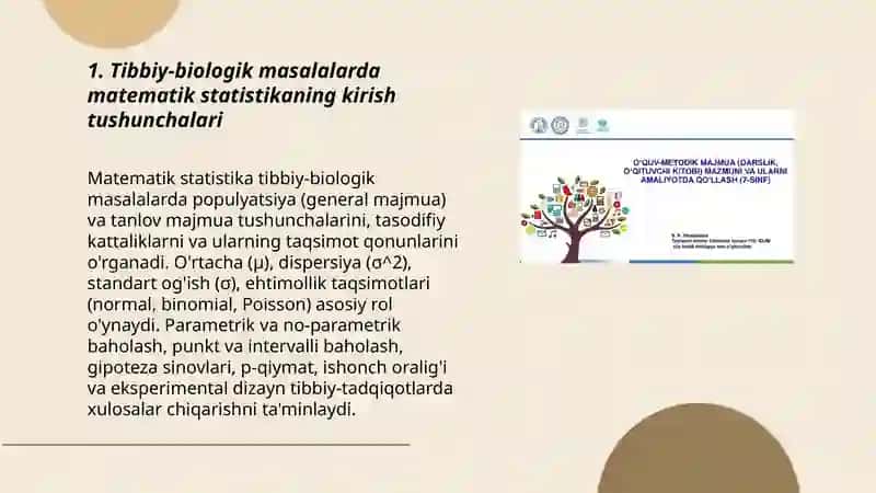 Tibbiy-biologik masala misolida matematik statistika elementlari, general va tanlov majmualar, tasodifiy kattaliklarning taqaimot qonunini yoritib berish 3