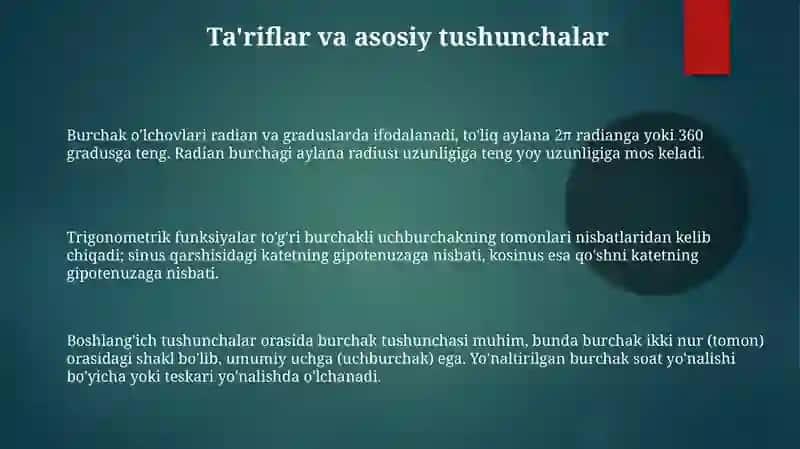 α va - α Burchaklarning sinusi, kosinusi, tangensi va kotangensi 3