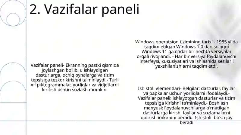 Windows Oilasi Operatsion Tizimi Tarixi Imkoniyatlari.Ishchi Stol Elementlari 3