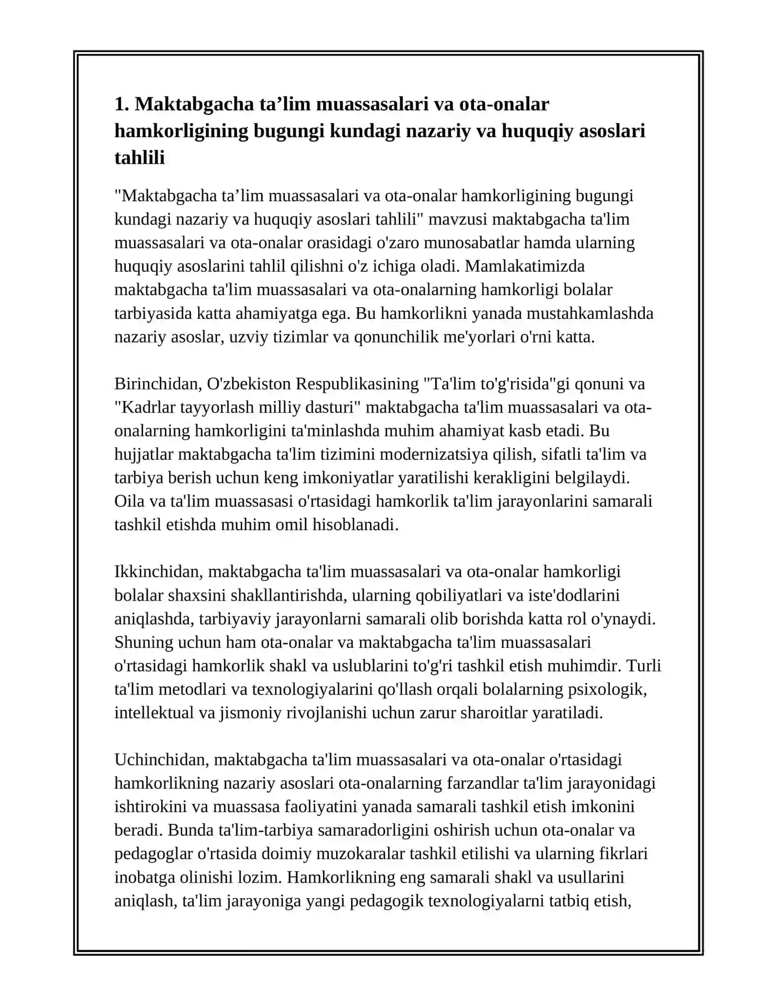 MAKTABGACHA TA'LIM TASHKILOTI VA OILA HAMKORLIGINING BUGUNGI KUNDAGI MUHIM JIHATLARI TAHLILI REFERAT 3