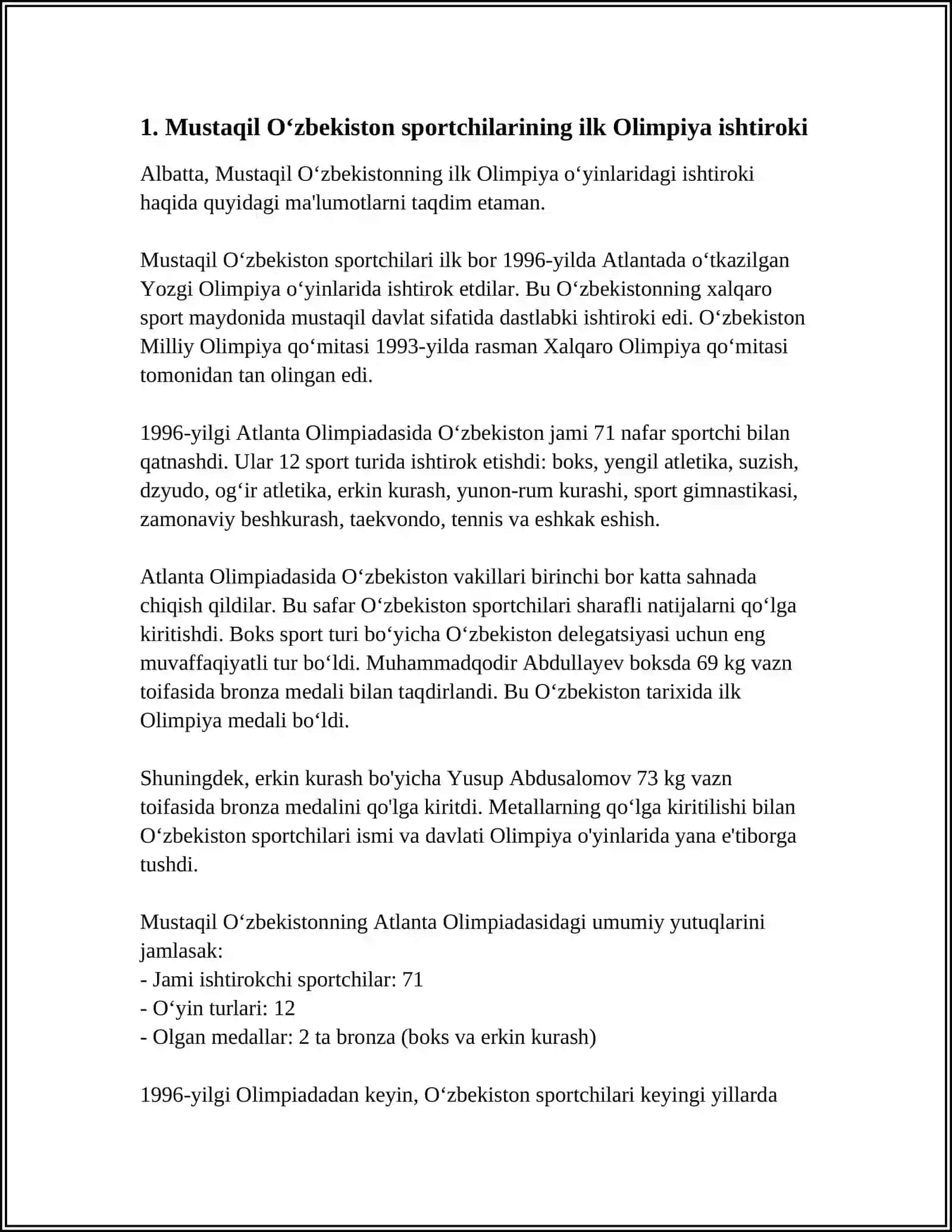 MUSTAQIL OʻZBEKISTON SPORTCHILARINING OLIMPIYA OʻYINLARI DAGI YUTUQLARI 3