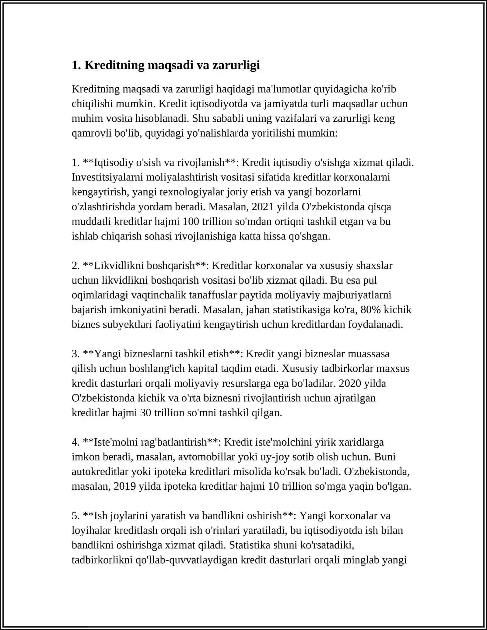 KREDITNING ZARURLIGI, FUNKSIYALARI, SHAKLLARI VA TURLARI 3