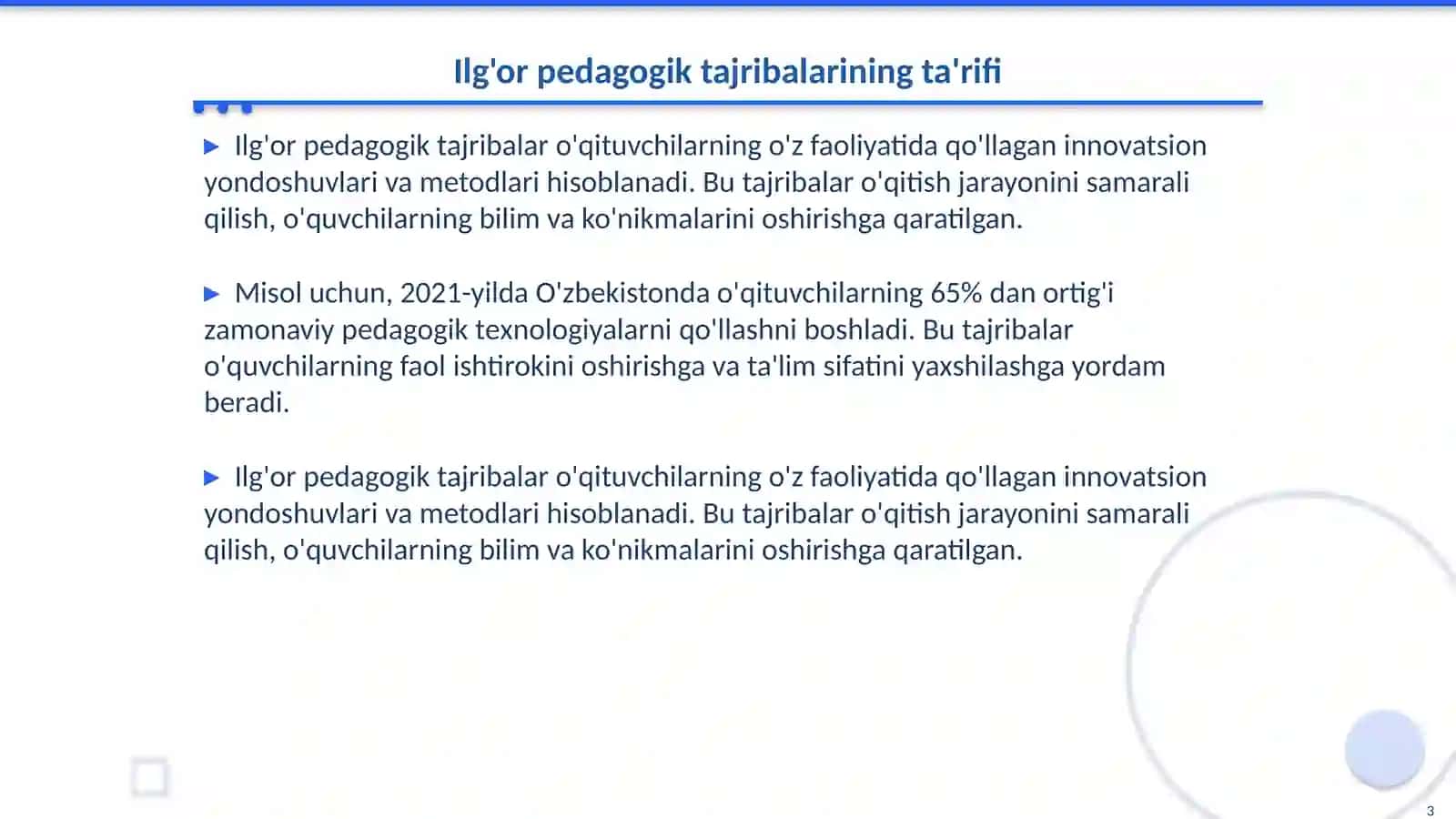 O'qituvchilarning ilg'or pedagogik tajribalarini to'plash va amaliyotda qo'llash 3