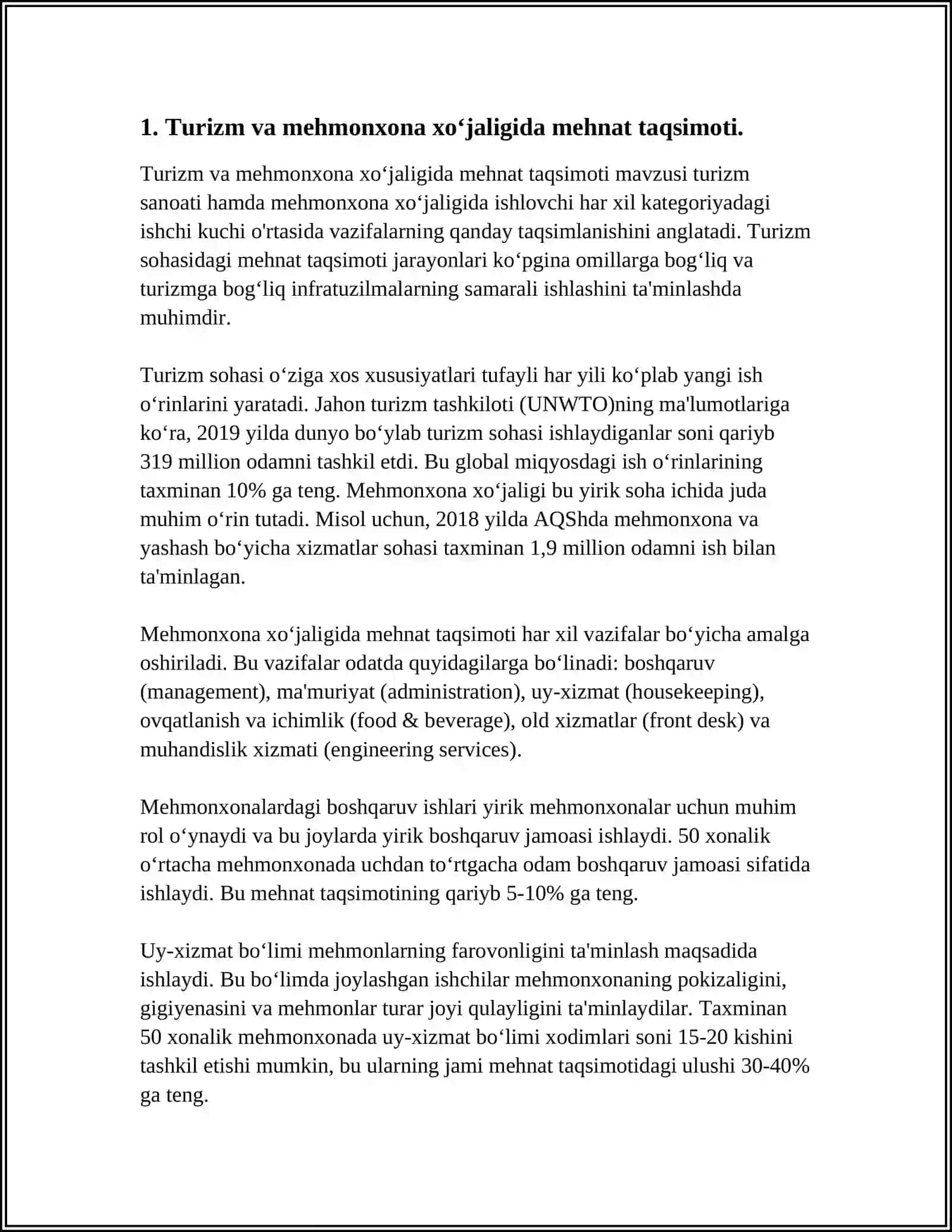 TURIZM VA MEHMONXONA XO’JALIGI KORXONALARIDA MEHNATNI TASHKIL ETISHNING O’ZIGA XOS XUSUSIYATLARI 3