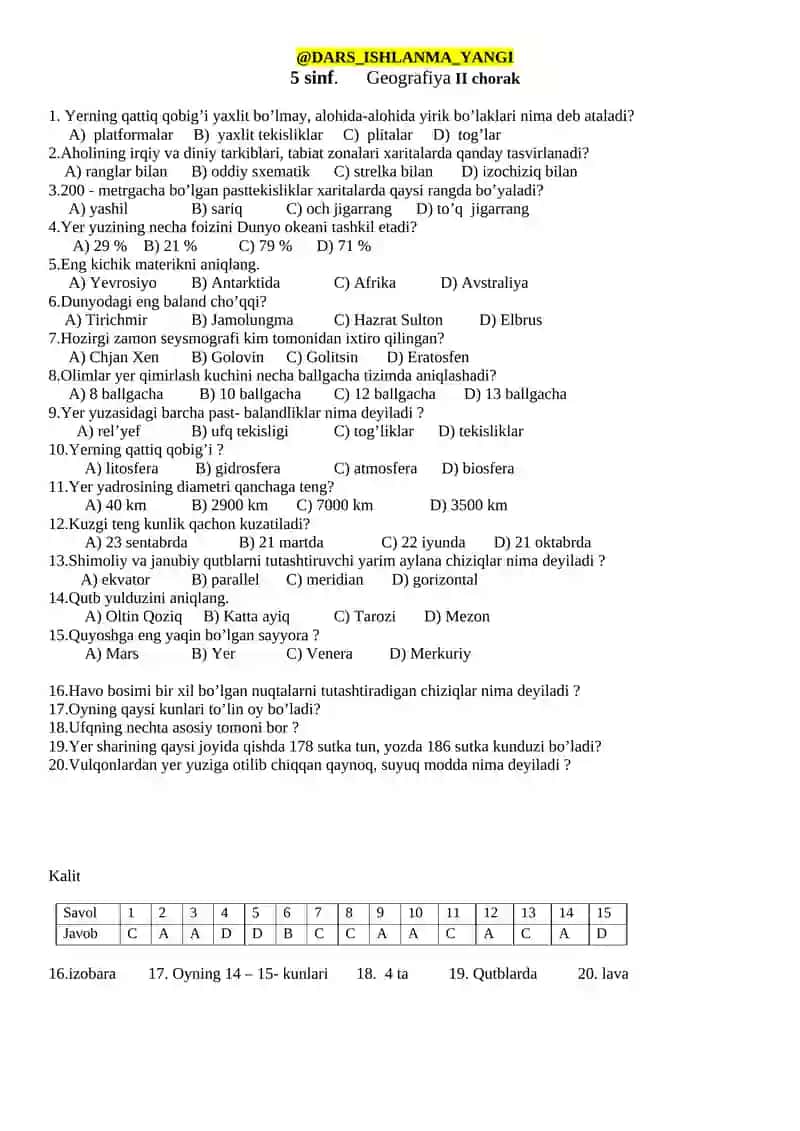 5 sinf. Geografiya 1-variant I chorak 3