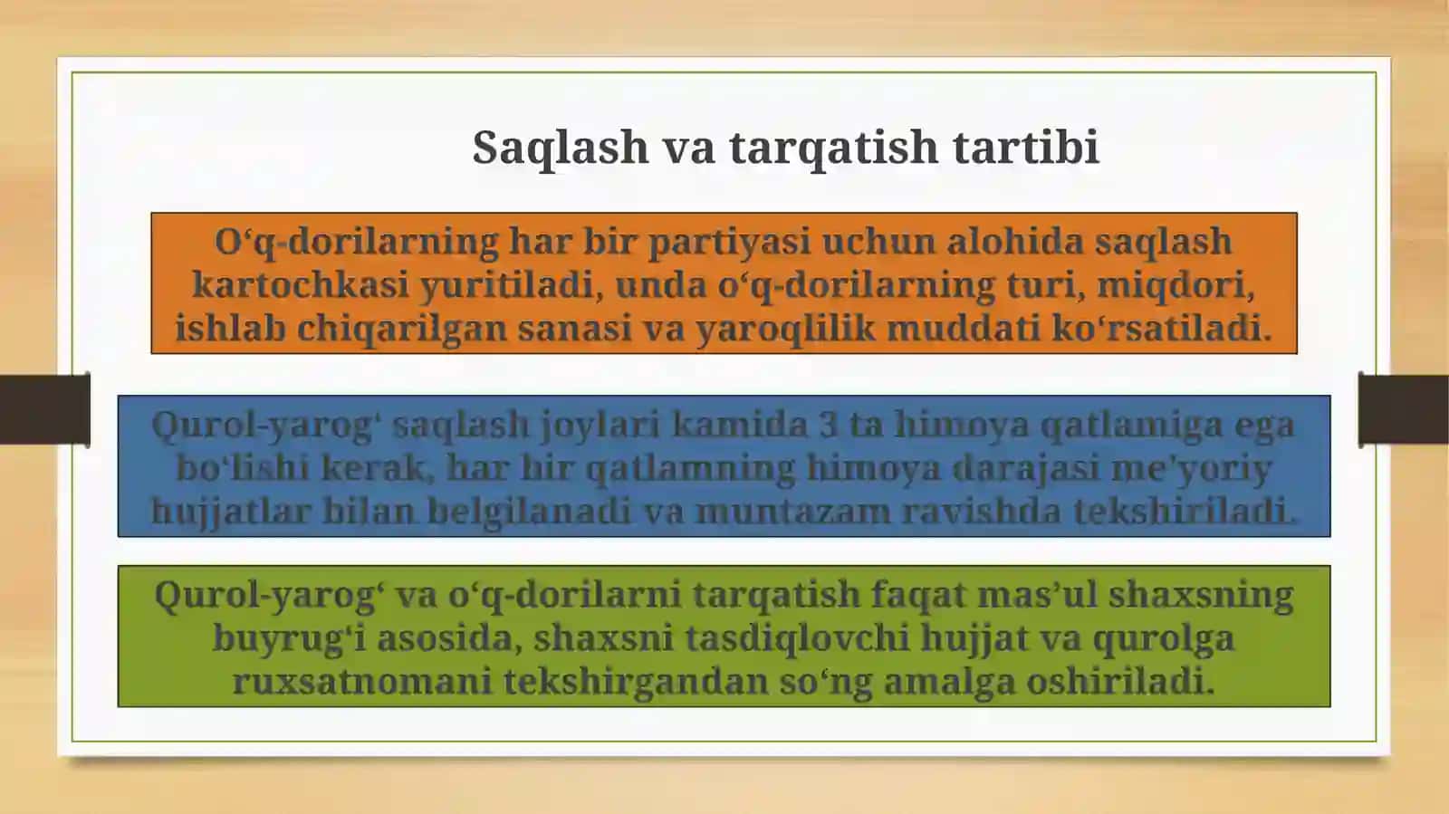 Qurol - aslaha va oʻq - dorilarni hisobga olish va saqlash, tarqatishni tashkiletish 3