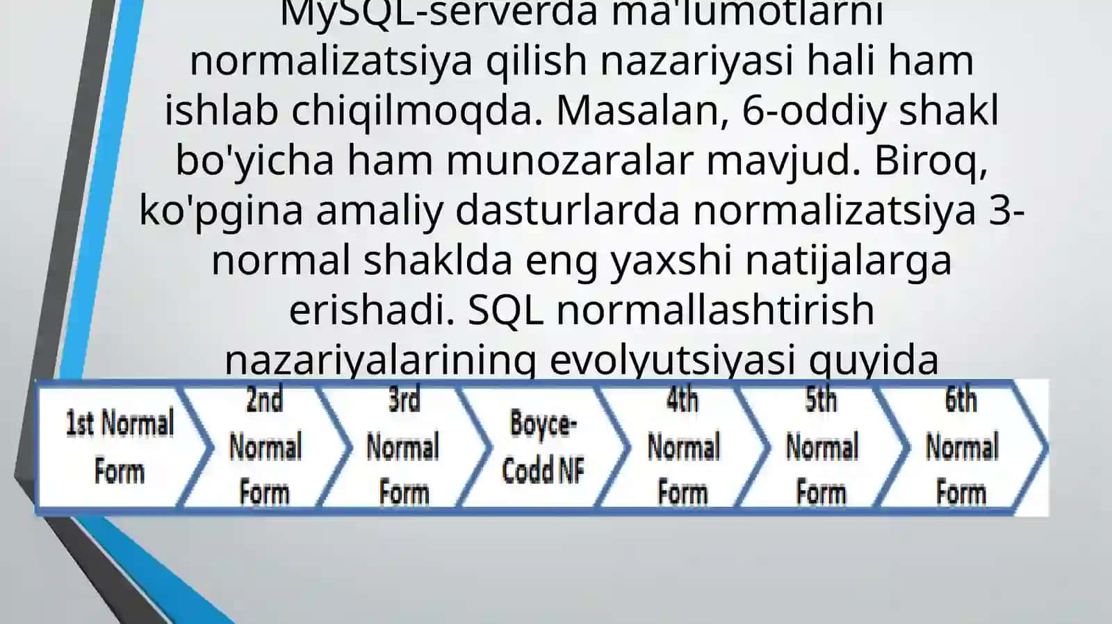 BBT da berilganlarni normallashtirish. SQL da With, Having bandlari va ularning vazifalari 3