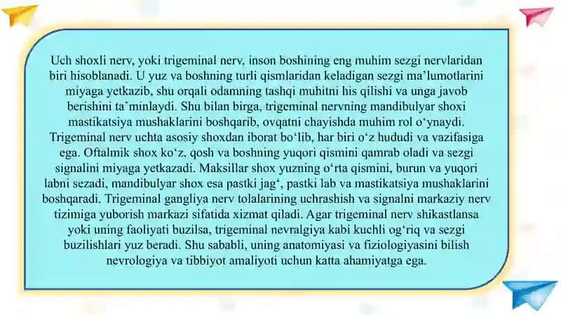 Uch shoxli (trigeminal) nervning tuzilishi          Uch shoxli (trigeminal) nervning tuzilishi 3