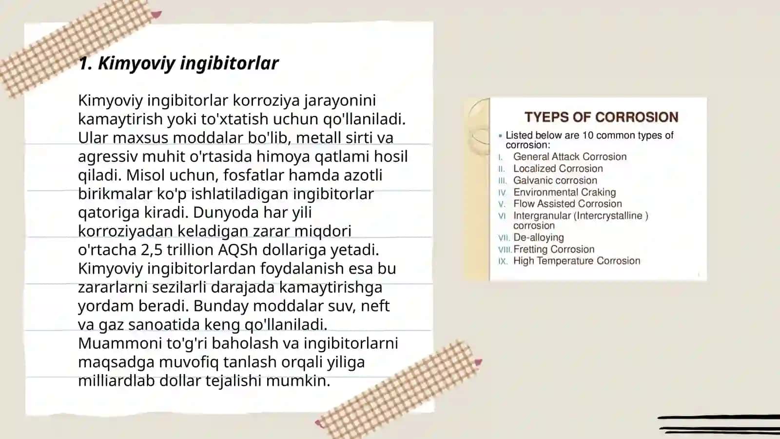 Metallarni korroziyadan himoya qilish usullari.Ingibitorlar 3