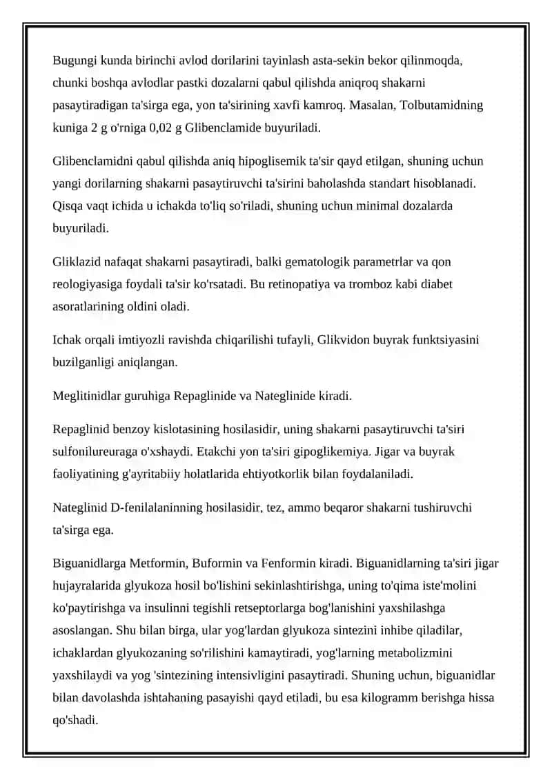 GIPOGLIKEMIK DORILAR: GIPOGLIKEMIK VOSITALARNI KO'RIB CHIQISH VA KLINIK FARMAKOLOGIYASI 3