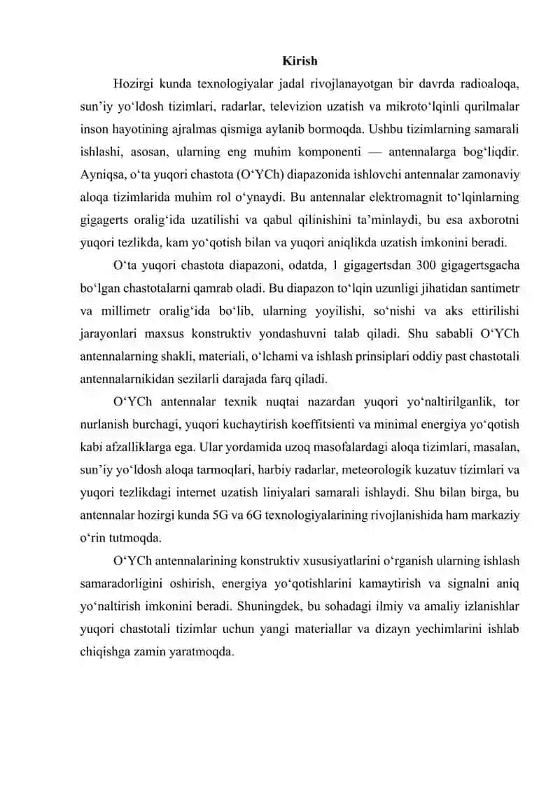 Oʻta yuqori chastota diapazonidagi antennalarning konstruktiv xususiyatlari, parametrlari va xarakteristikalari 3
