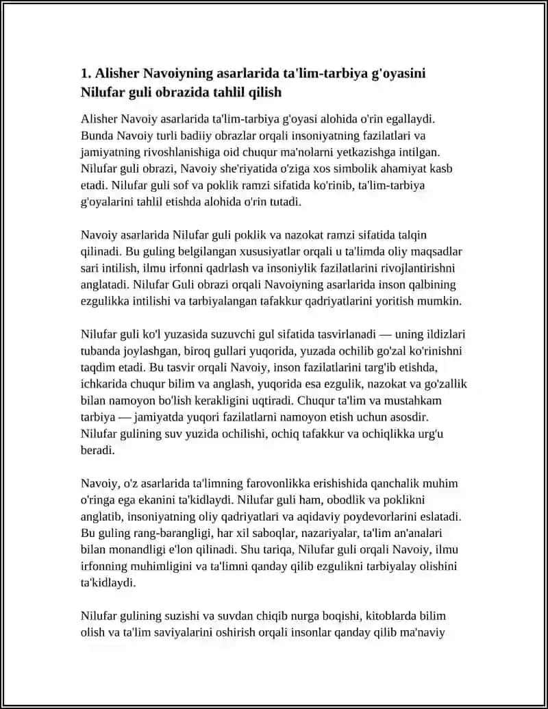 ALISHER NAVOIY ASARLARIDA TA'LIM TARBIYA MASALALARI MAVZUSIDA NILUFAR GULI TUZING 3