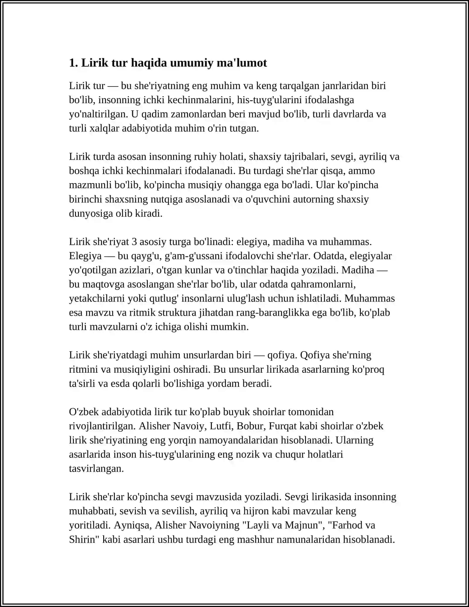 LIRIK TUR.GʼARB HAMDA SHARQ LIRIKASI. SHARQ LIRIKASINING AYRIM JANRLARI, FARQ, TUYUQ RUBOIY, DUBAYTIY, QITʼA, GʼAZAL. LIRIK ASARLARNI TAHLIL QILISHNING UZIGA XOSLIGI 3