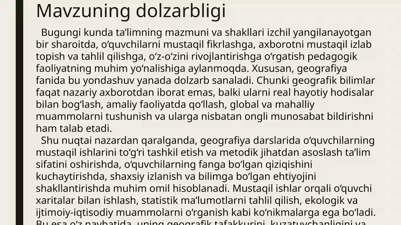 Geografiya darslaridaoʻquvchilarningmustaqil ishlarni tashkil etish va metodikasi 3