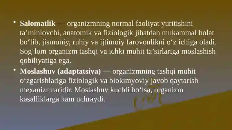 Salomatlik, moslashuv, kasallik, etiologiya,patogenez, sindrom tushunchasi. Diagnostika jarayonining qoidalari. Tish kasalining tibbiy kartasi.Tekshirishning asosiy va qo’shimcha usullari. Tish bemorining tibbiy tarixi va ambulatoriya kartasini to’ldirish qoidalari 3