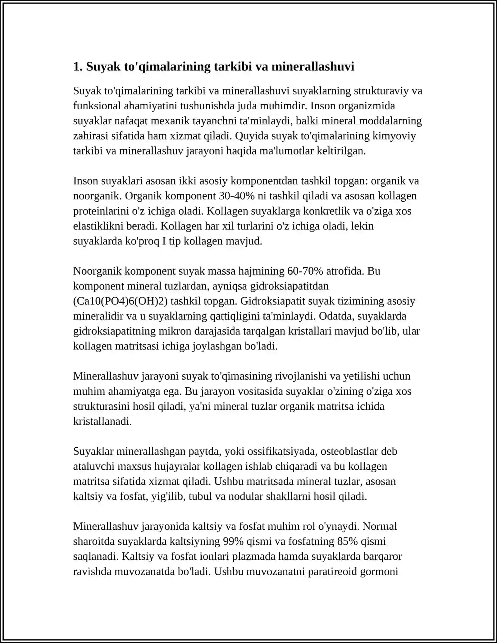 SUYAK TO'QIMALARINING MINERALLASHUVI, UNING TARTIBGA SOLINISHI VA BUZILISHLARI. SUYAK TO’QIMALARINING REGENERATSIYASI VA TRANSPLANTATSIYASI. SUYAKNING O’ZGARISHIGA TASIR QILUVCHI OMILLAR 3