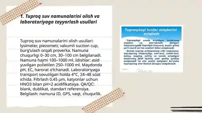 Tuproq suvining ifloslanishidan ionli birikmani aniqlash, ulardan tozalash g'oyasini ishlab chiqish 3