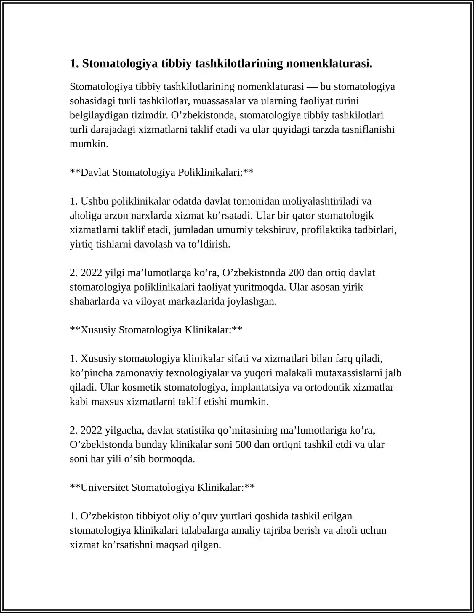 STOMATOLOGIYA PROFILIDAGI TIBBIY TASHKILOTLARNING NOMENKLATURASI.STOMATOLOGIYA KLINIKALARINING TASNIFI.STOMATOLOGIYA KLINIKASI,BO'LIM,XONANI TASHKIL ETISH VA JIHOZLASH.JIHOZLANISH TARTIBI VA STANDARTLARI.STOMATOLOGIK QURILMALAR,DASTAKLAR TURI, BORLAR 3