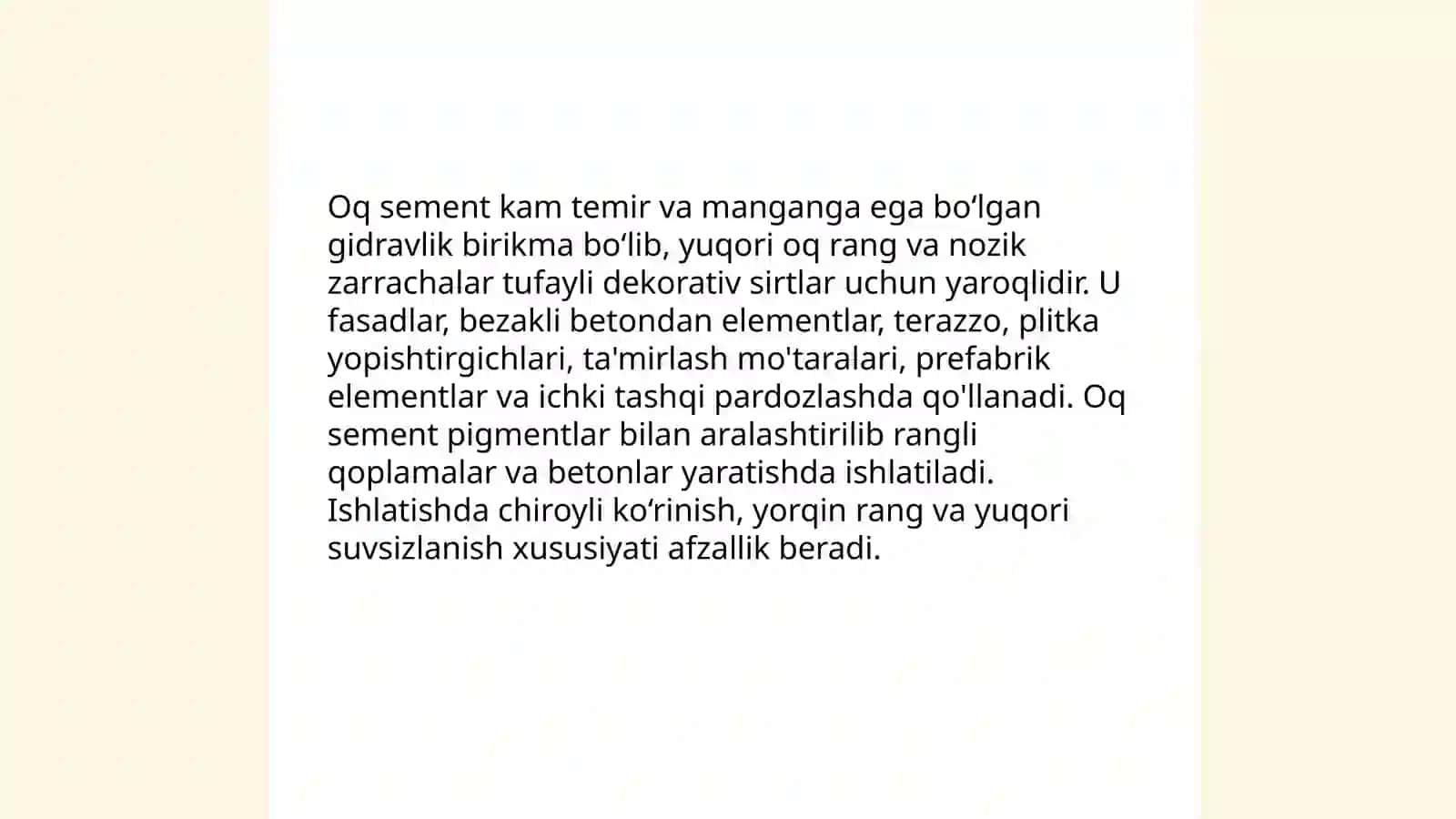 Oq sement oʻng tarkibi va xossalari 3