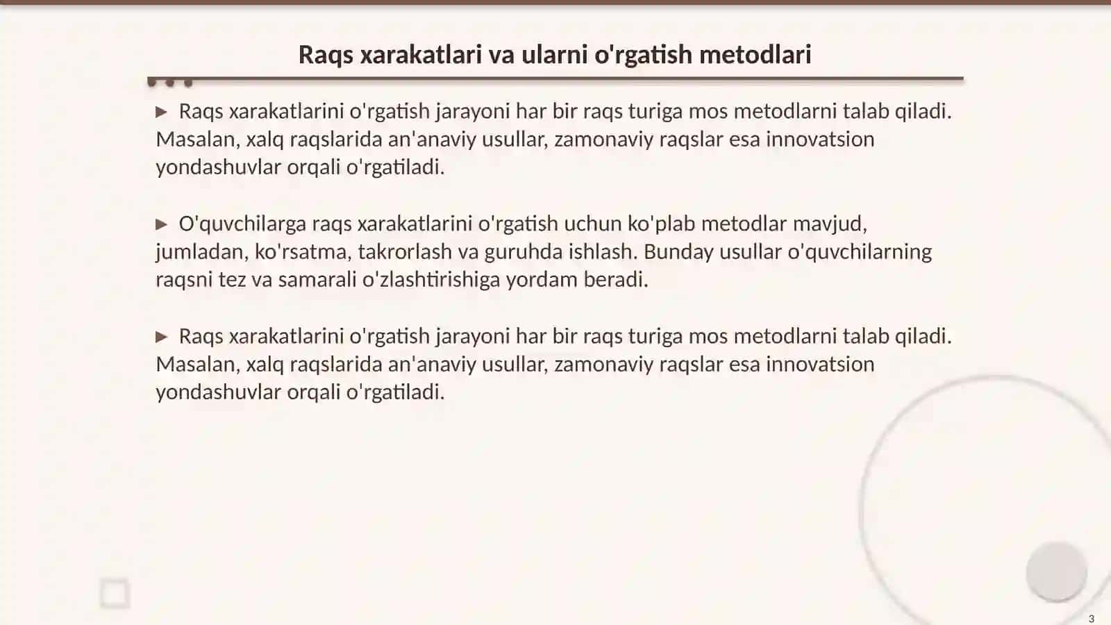Raqs xarakatlariga. qo'shiq aytishga, musiqa tinglashga. musiqa asboblarida ijrochilikka o'rgatish usullari va yo'llari 3