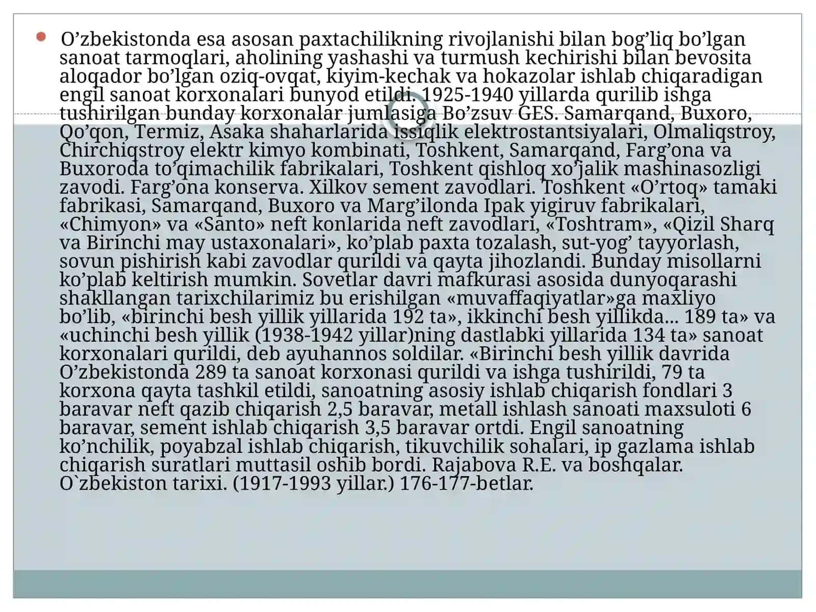 1925-1940 yillarda O’zbekistonda sanoatlashitirish siyosati 3