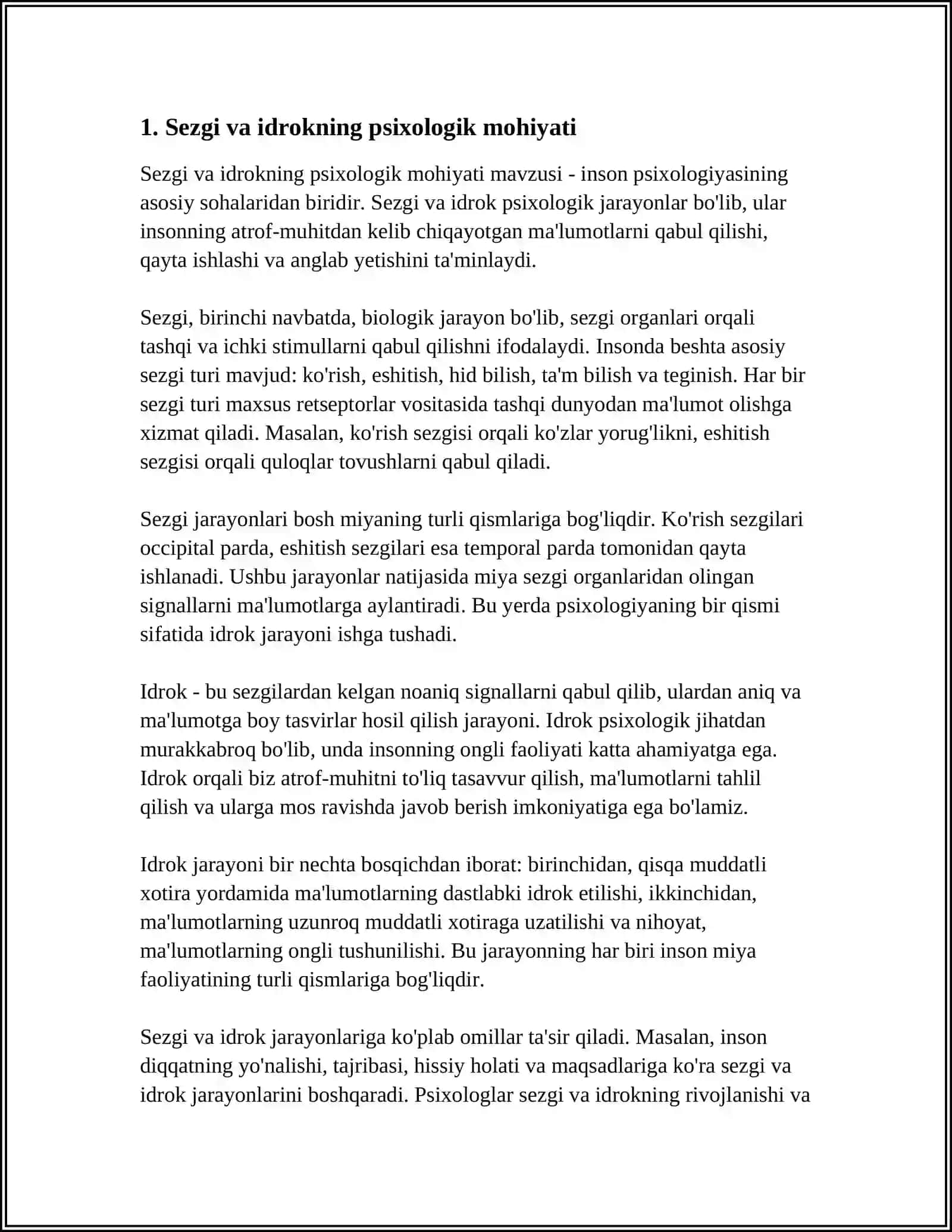 SEZGI VA IDROKNING PSIXOLOGIK MOHIYATI, FIZIOLOGIYASI 3