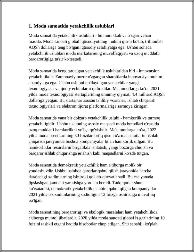 MUSTAQIL ISH Mavzu: MODA MENEJMENTIDA YETAKCHILIK VA JAMOA BOSHQARUVI 3
