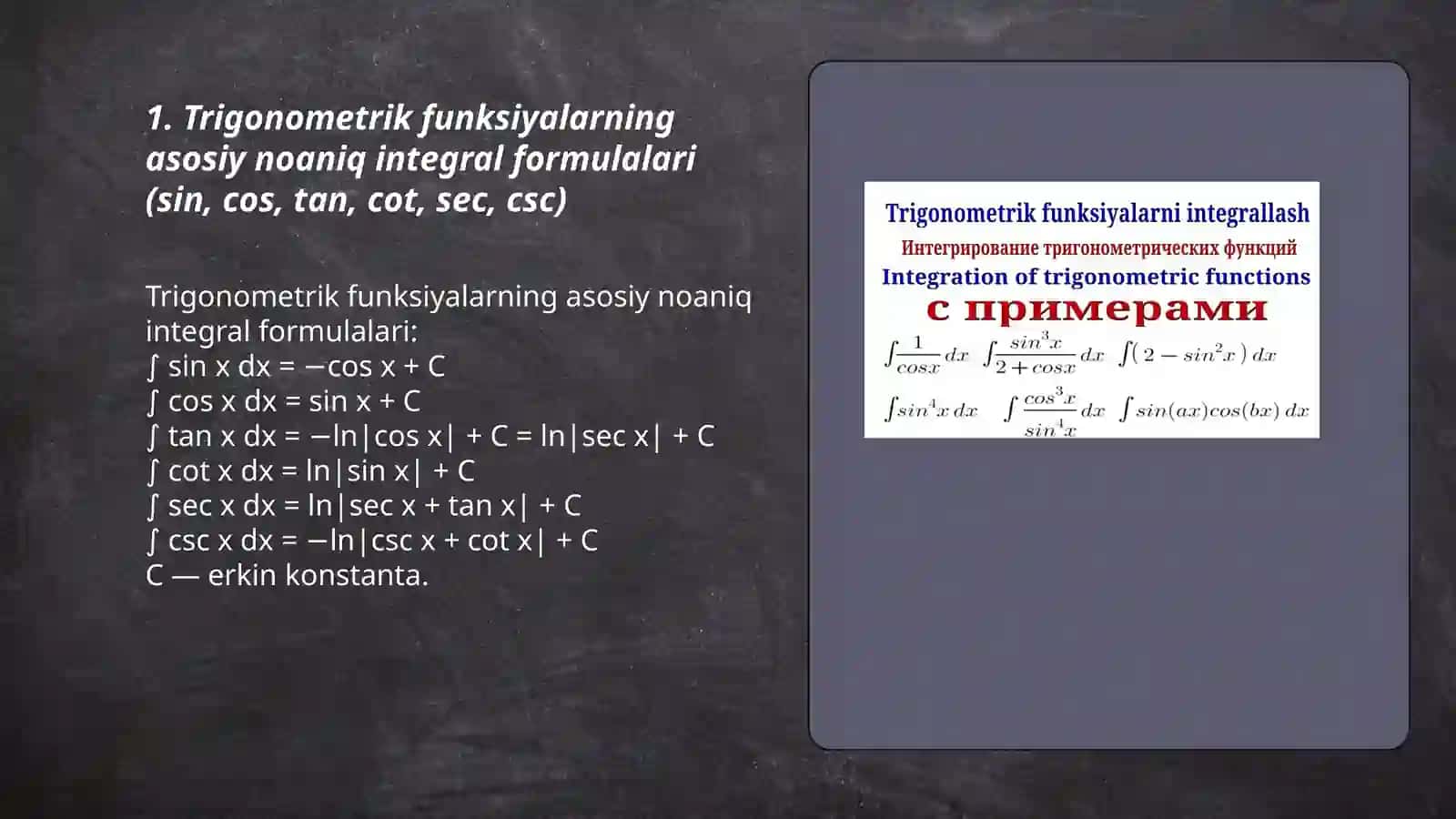 Trigonometric funksiyalarni integrallash 3