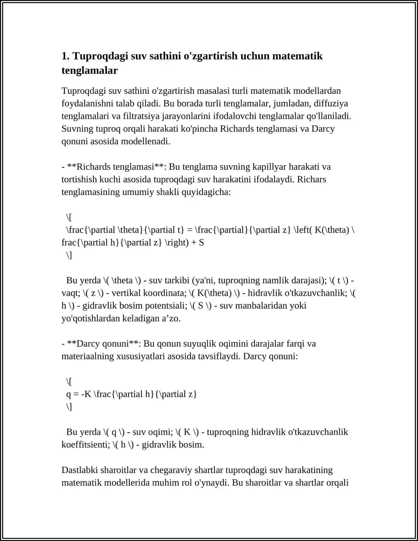 TUPROQDAGI SUV SATHINI OʻZGARTIRISHINI MATEMATIK MODELLASHTIRISH 3