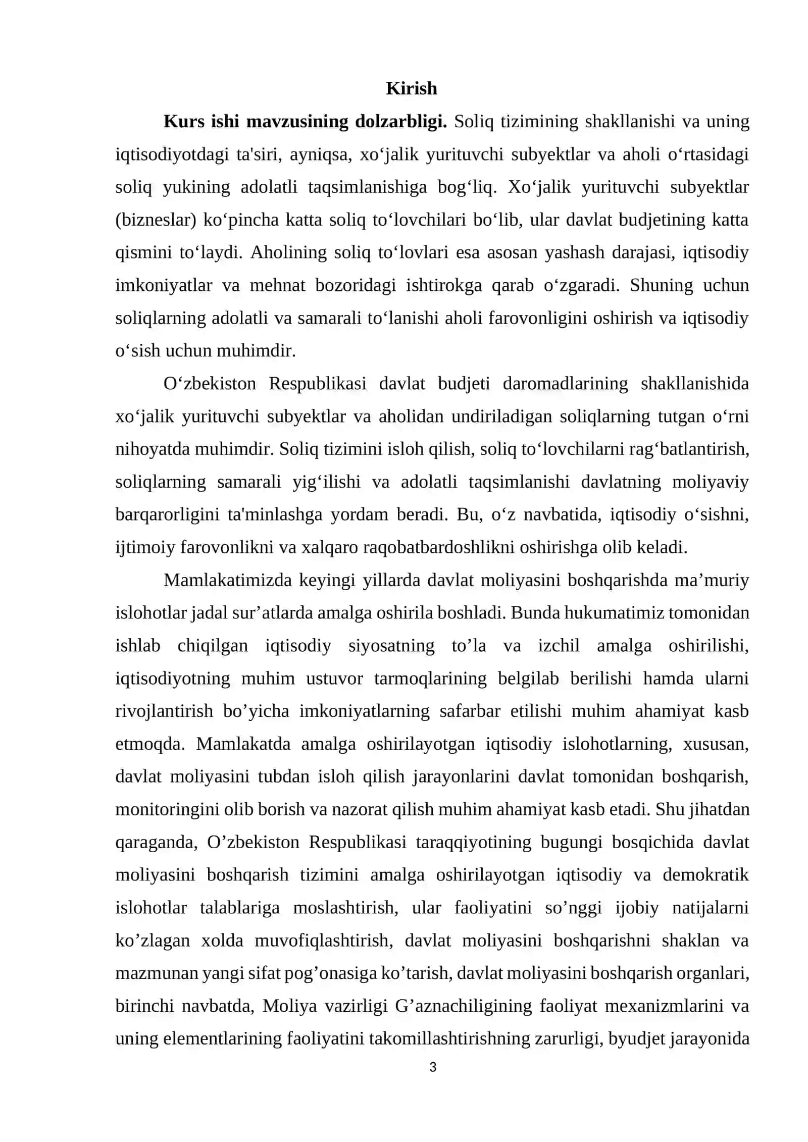 O'zbekiston Respublikasi davlad budjeti daromadlarining shakllanishida xoʻjalik yurituvchi subyektlardan va aholidan undiriladigan soliqlarning tutgan oʻrni mavzusida kurs ishi 3