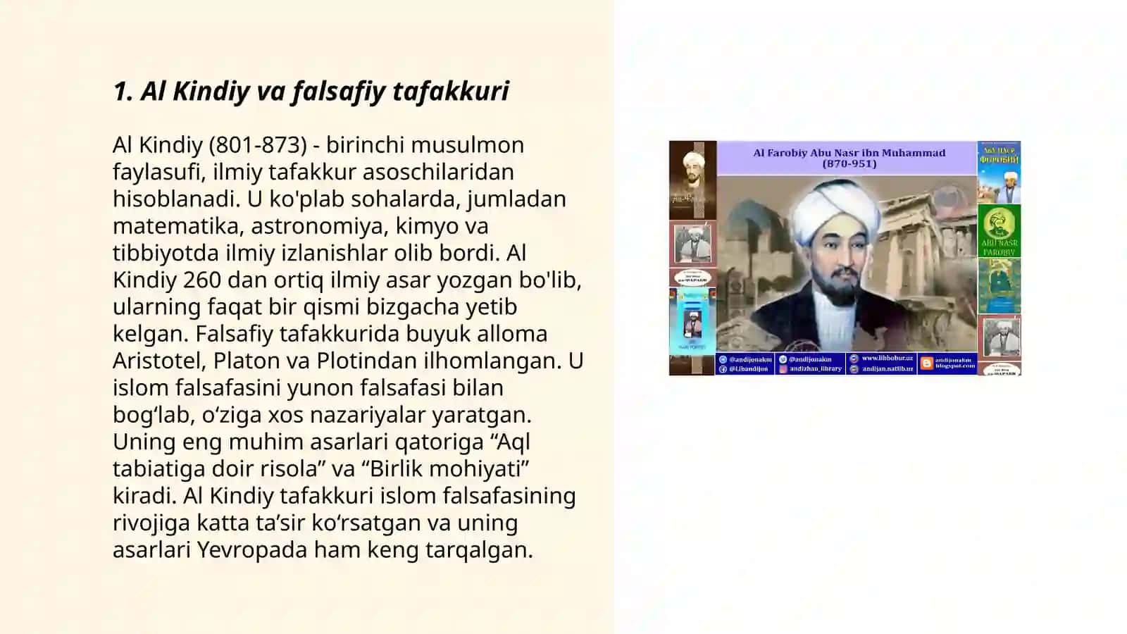 O'rta asr Sharq allomalari Al Kindiy, Ibn Rusht, Ab Marry, Farobiy, Ibn Sino, Umar Xayyorillarning falsafiy-diniy qarashlari 3